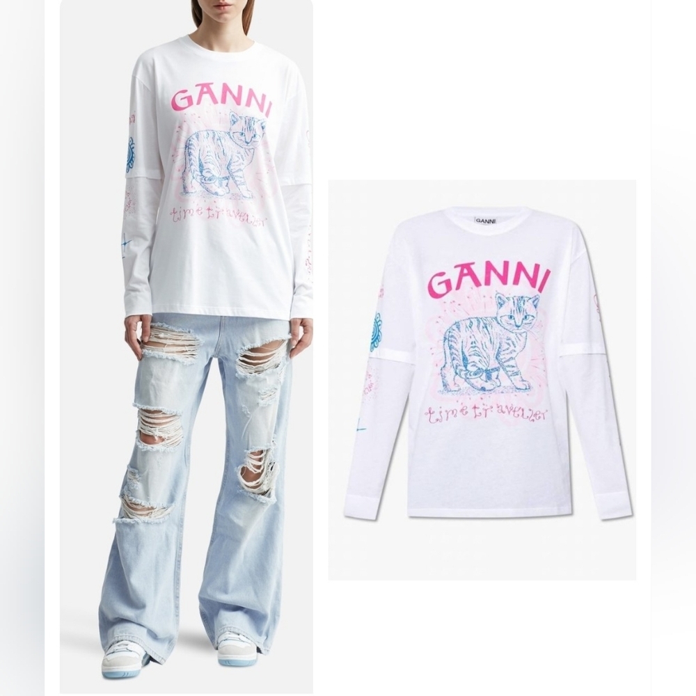 Ganni White Long Sleeve Tee with Pink and Blue Graphics